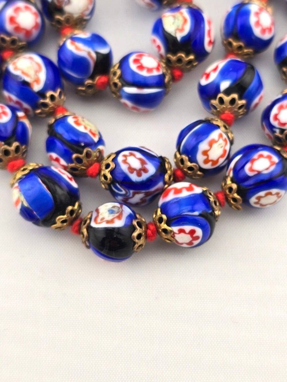 Vintage Cobalt Blue Millefiori Glass Bead Necklace 22" Hand Knotted Floral - Picture 3 of 7